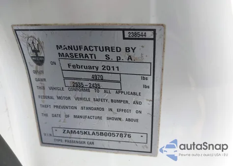 2011 Maserati Granturismo S Automatic из США, поврежденный, VIN ZAM45KLA5B0057876